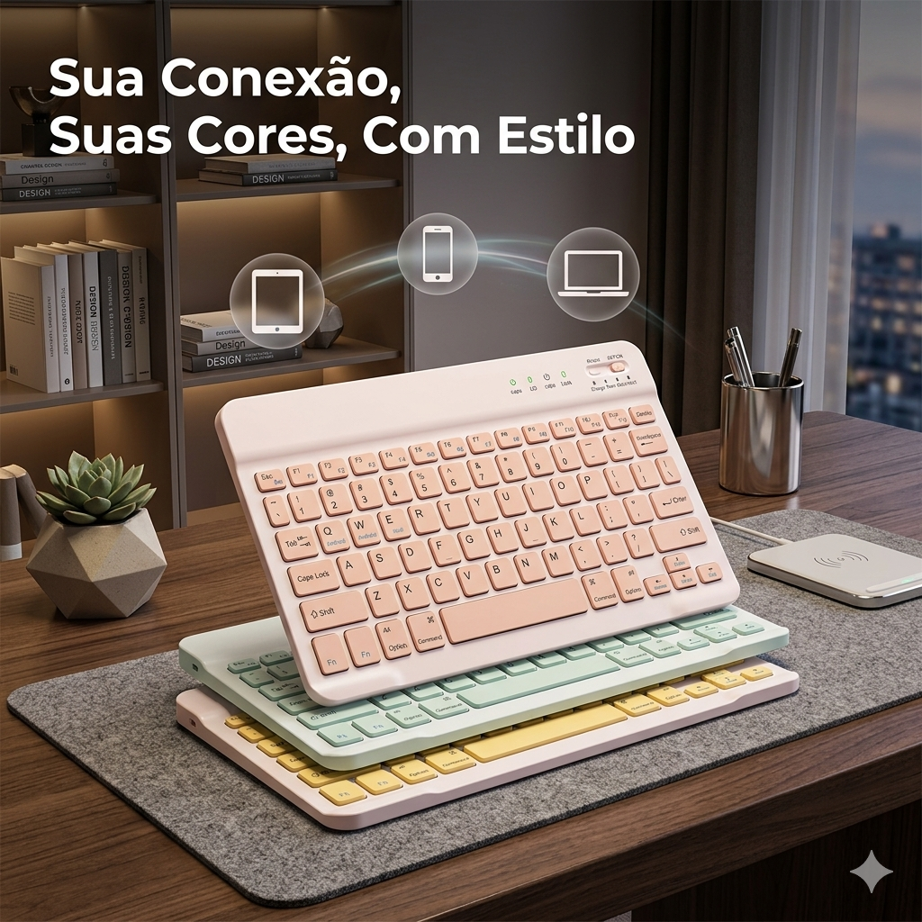 Teclado Bluetooth Ultrafino Premium – Recarregável, Silencioso e Universal para Tablet, Celular e PC