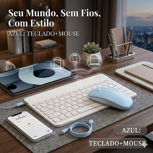 Teclado Bluetooth Ultrafino Premium – Recarregável, Silencioso e Universal para Tablet, Celular e PC