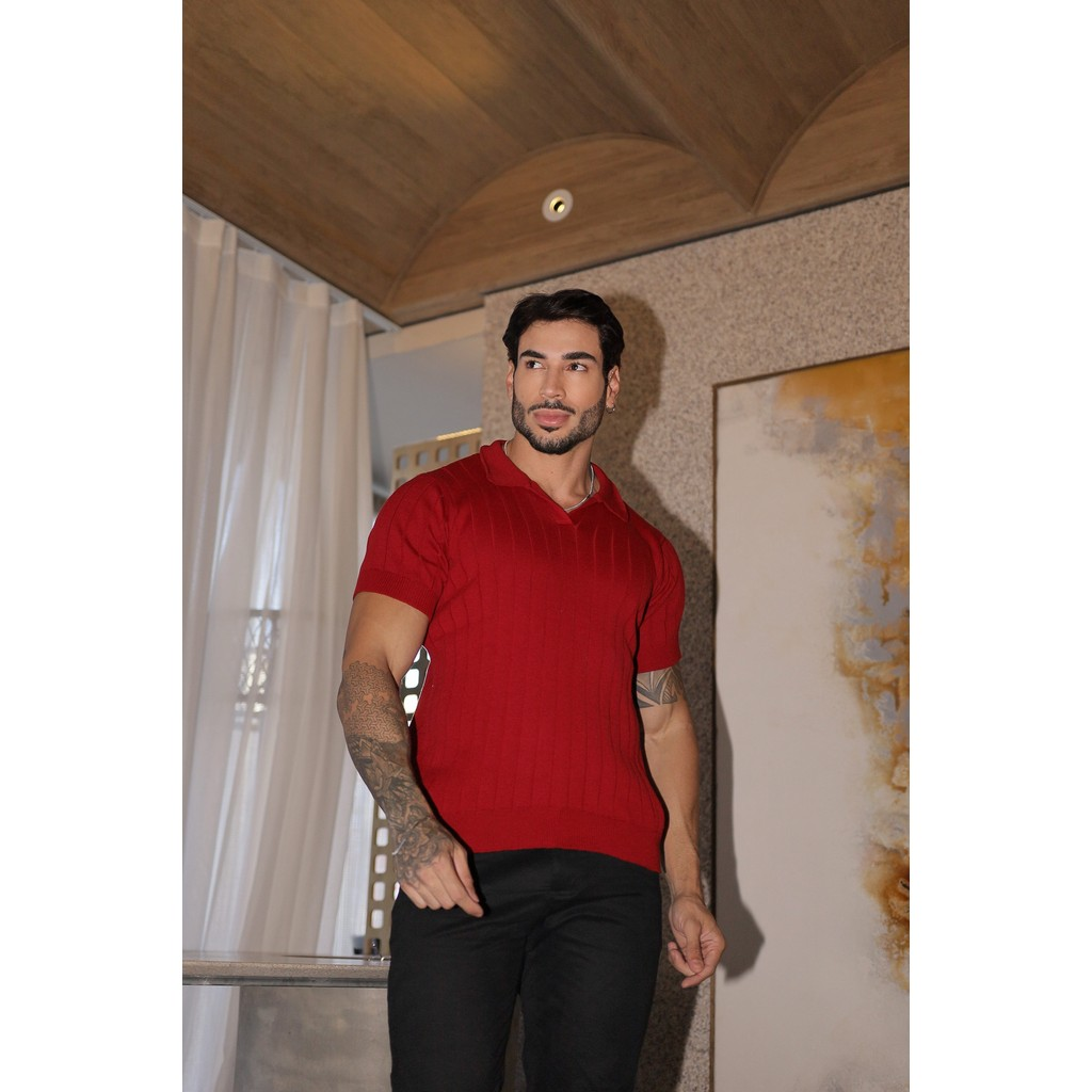 Camisa de tricot gola polo primavera verão masculina alta qualidade