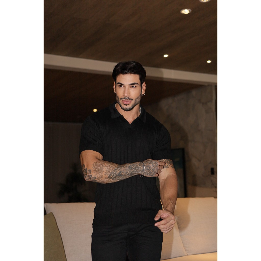 Camisa de tricot gola polo primavera verão masculina alta qualidade