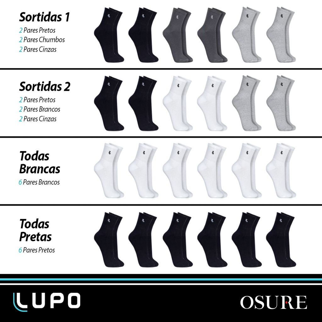 Kit 6 Pares Meias Lupo Cano Médio Alto Longo Masculino Feminina Algodão Original