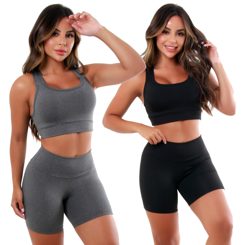 Kit 05 Conjuntos Fitness Femininos A11 – Short e Top para Academia Liso e Estampado