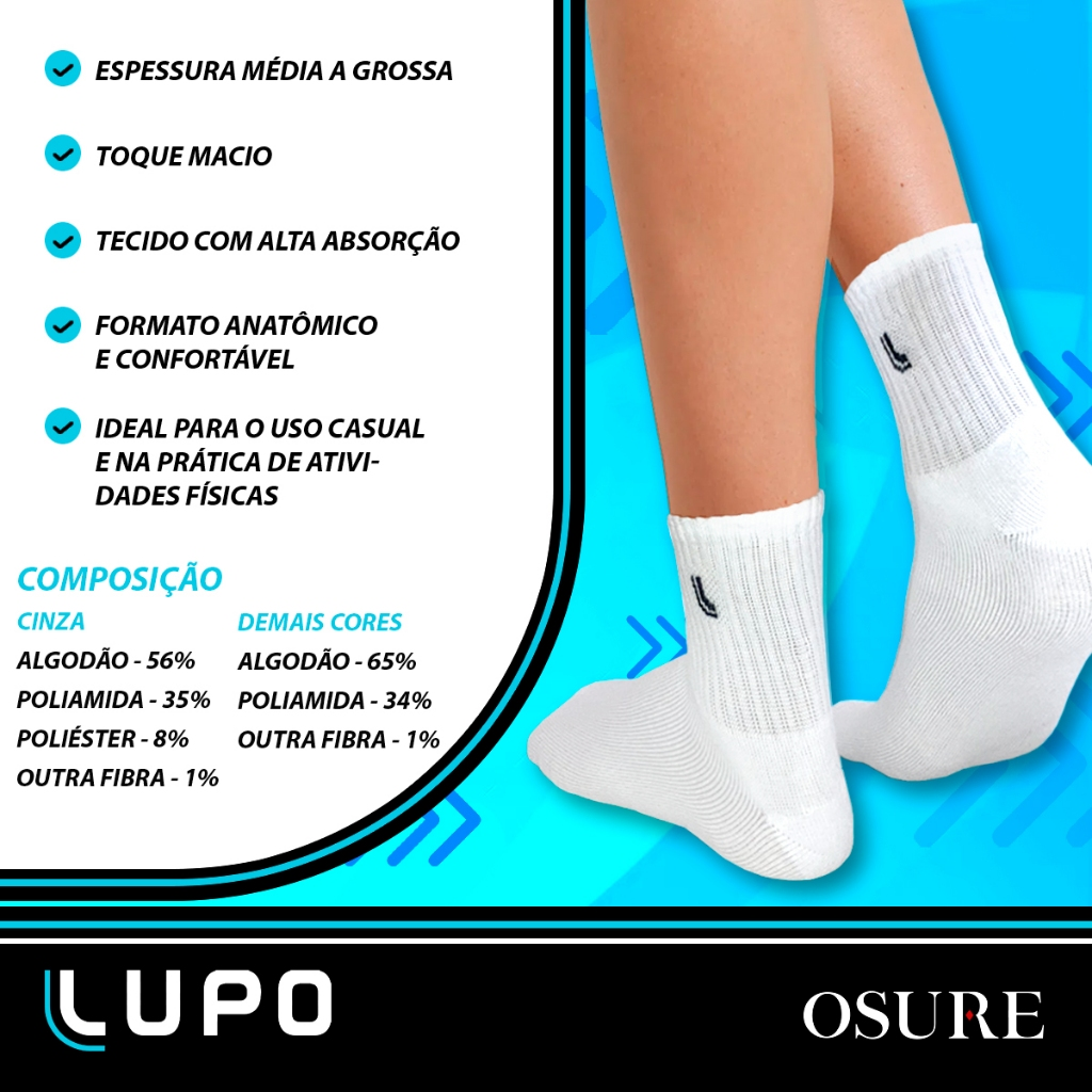 Kit 6 Pares Meias Lupo Cano Médio Alto Longo Masculino Feminina Algodão Original