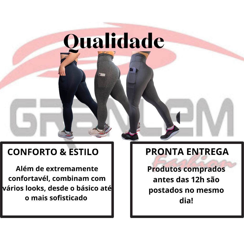 Kit 3 Calças c/ Bolso Cos Alto Reforçada Academia Corrida Trabalho