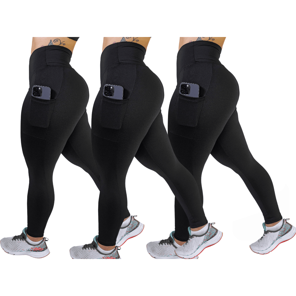 Kit 3 Calças c/ Bolso Cos Alto Reforçada Academia Corrida Trabalho