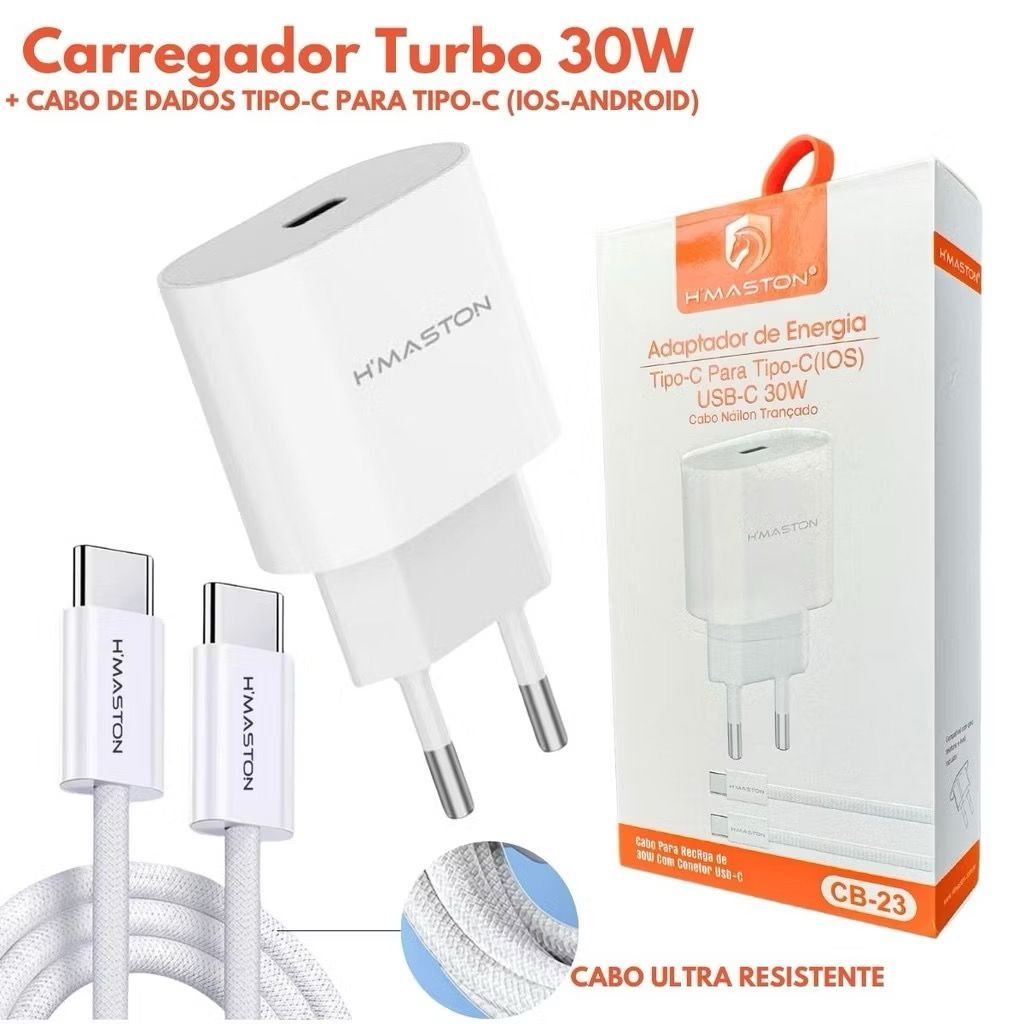 H'Maston CB23 iPhone 15 Iphone 16 Turbo Tipo-C 30W + Cabo Tipo-C para Tipo-C