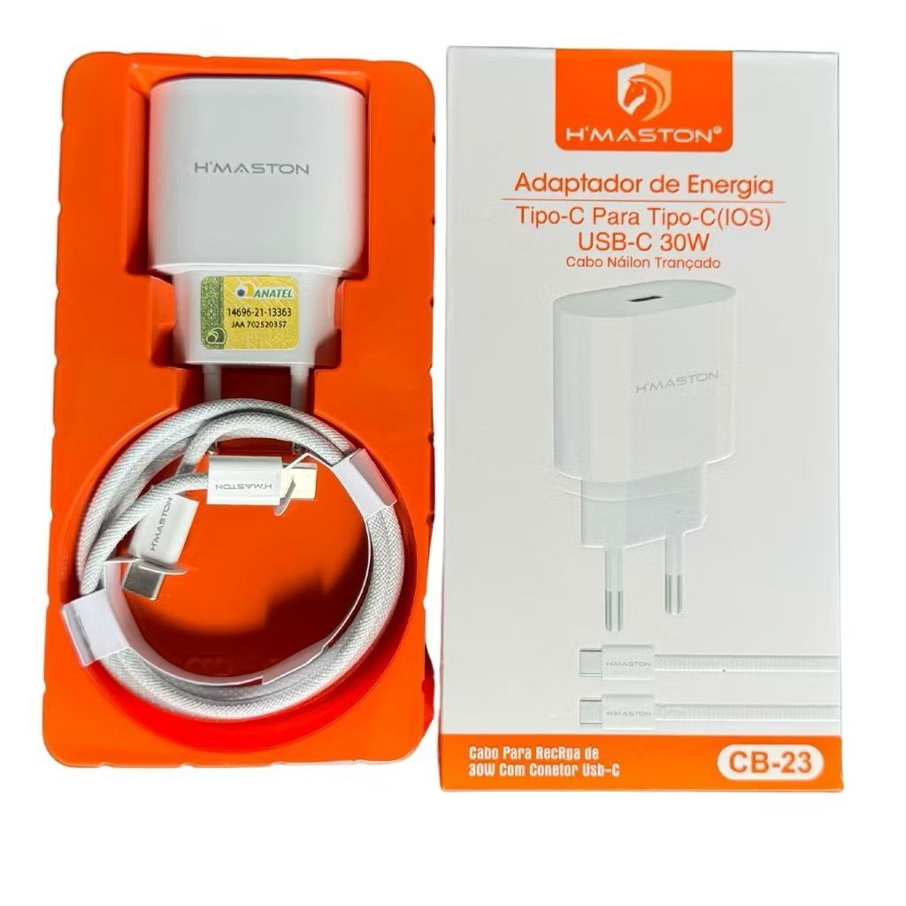 H'Maston CB23 iPhone 15 Iphone 16 Turbo Tipo-C 30W + Cabo Tipo-C para Tipo-C