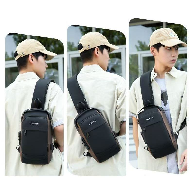 Mochila De Peito Masculina À Prova D'água Com Trava De Código Usb Alta Qualidade - ANA