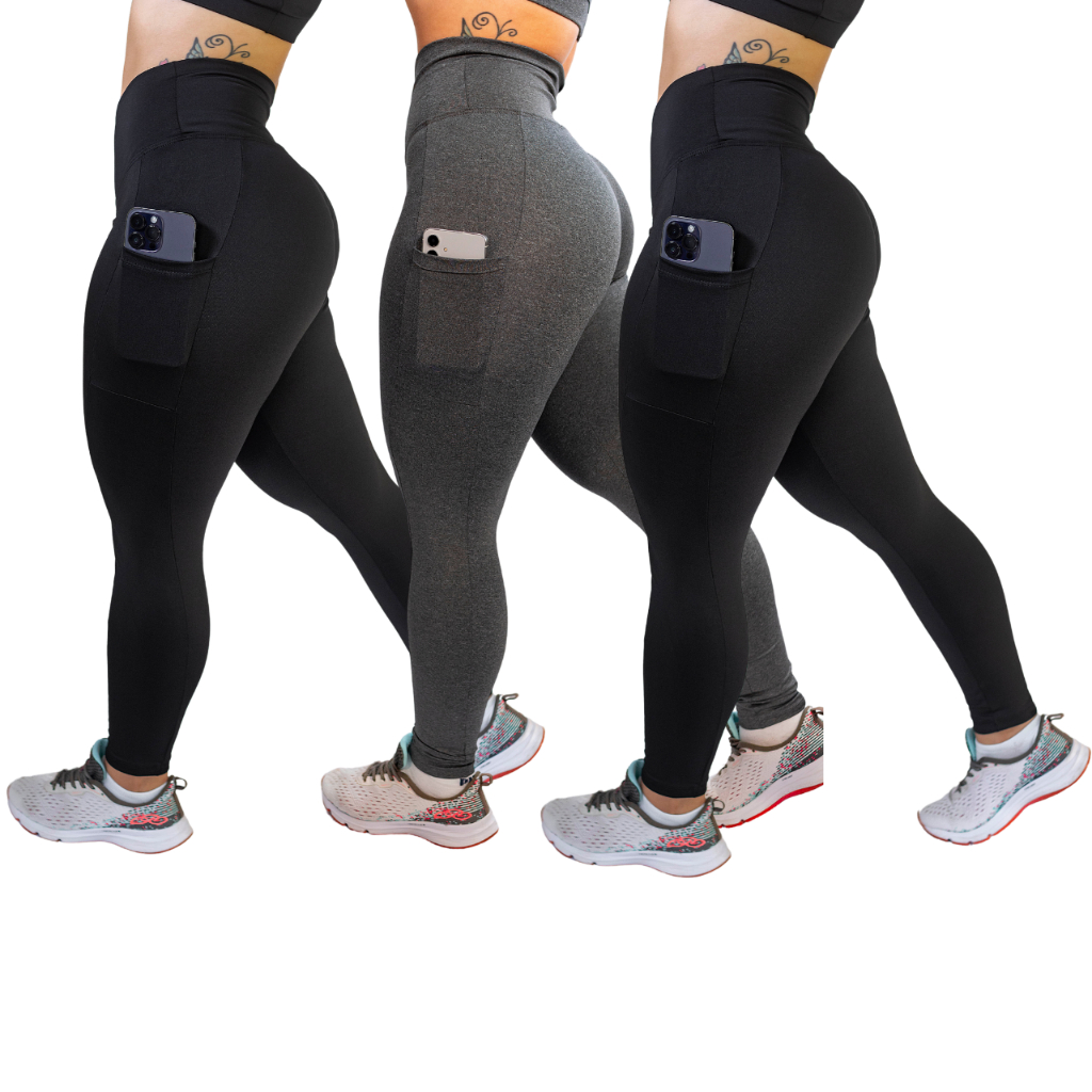 Kit 3 Calças c/ Bolso Cos Alto Reforçada Academia Corrida Trabalho
