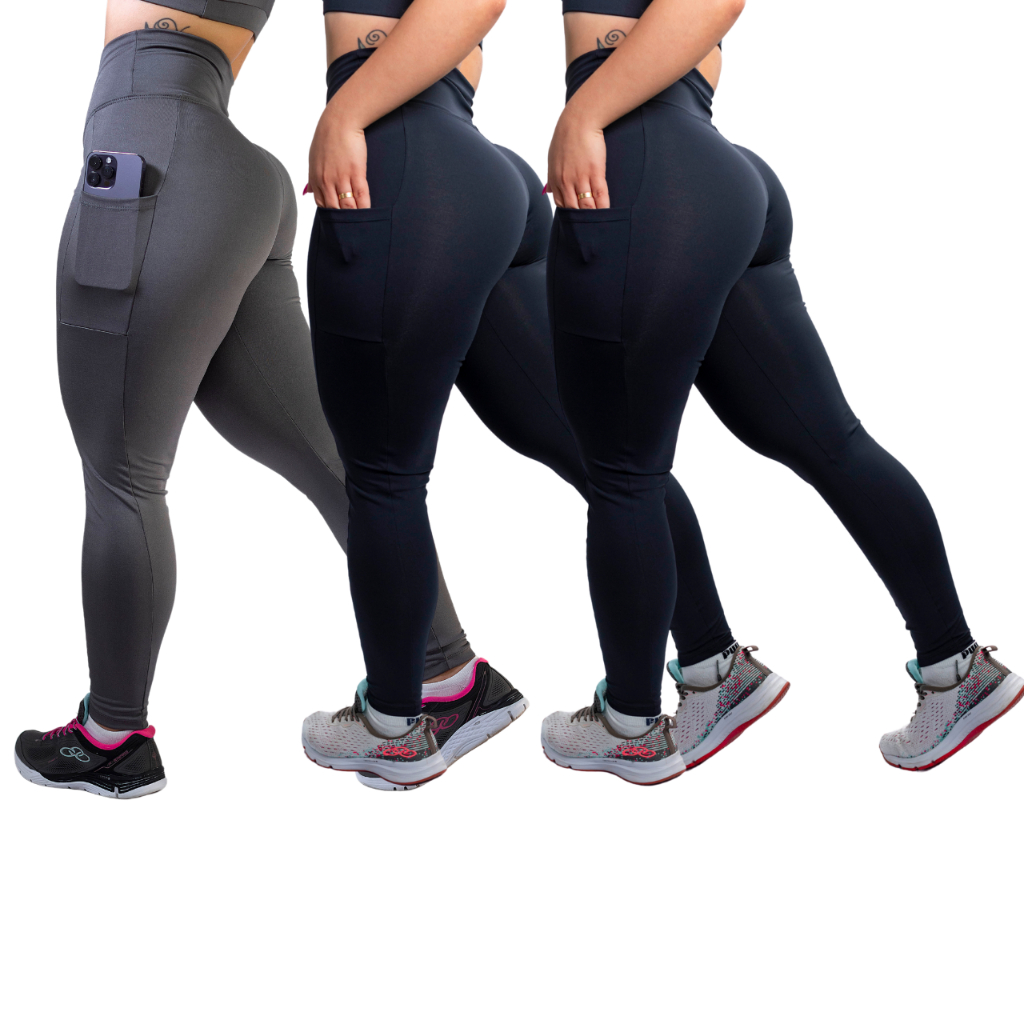 Kit 3 Calças c/ Bolso Cos Alto Reforçada Academia Corrida Trabalho