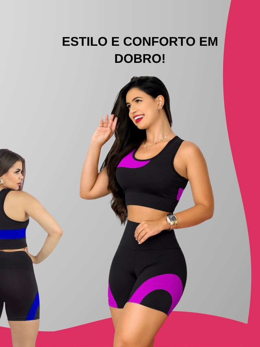 Kit 2 Conjuntos Academia Feminina – Top + Shot Cintura Alta e Modeladora