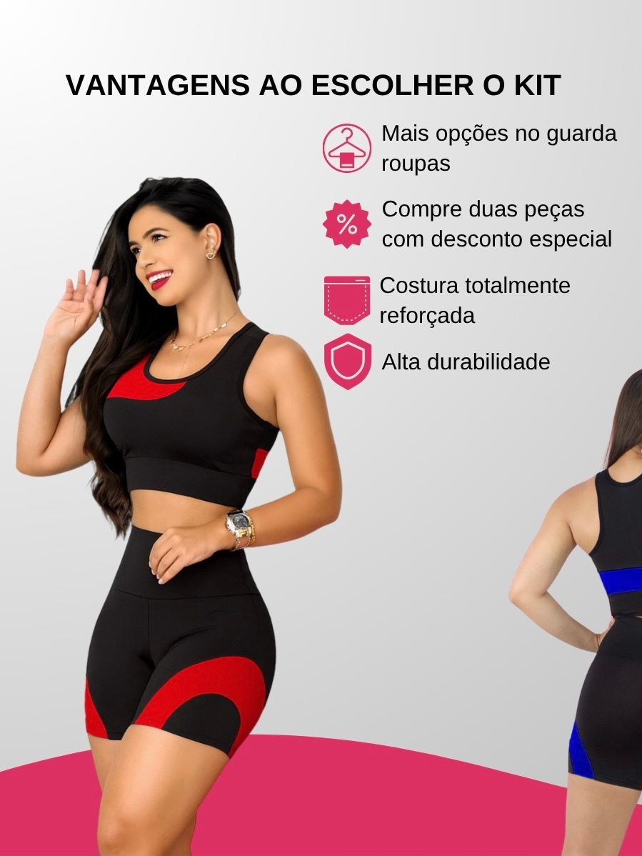 Kit 2 Conjuntos Academia Feminina – Top + Shot Cintura Alta e Modeladora