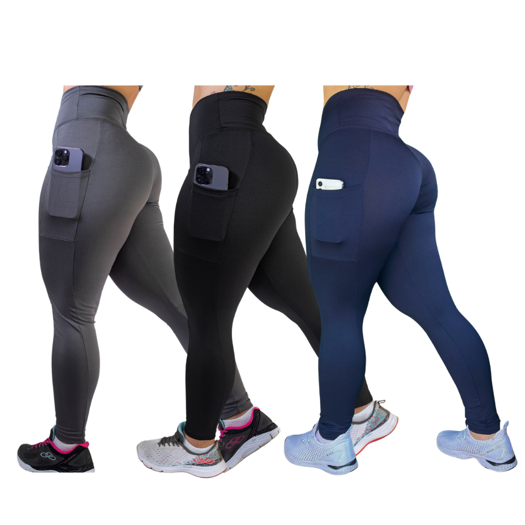 Kit 3 Calças c/ Bolso Cos Alto Reforçada Academia Corrida Trabalho