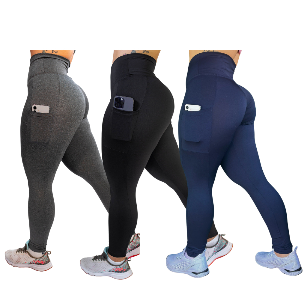 Kit 3 Calças c/ Bolso Cos Alto Reforçada Academia Corrida Trabalho