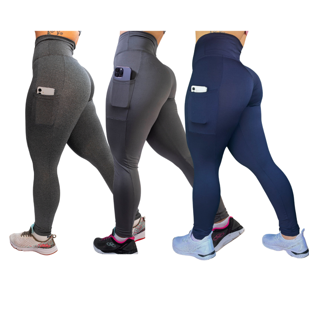 Kit 3 Calças c/ Bolso Cos Alto Reforçada Academia Corrida Trabalho