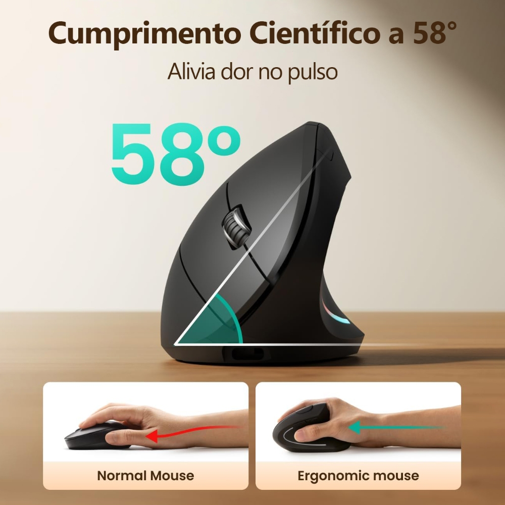 2.4GHz sem fio mouse vertical, 6 botões com luz RGB, 1600 DPI ajustável, para computadores e laptops