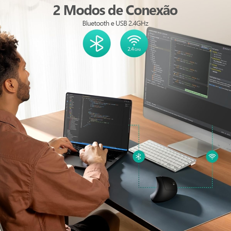 2.4GHz sem fio mouse vertical, 6 botões com luz RGB, 1600 DPI ajustável, para computadores e laptops