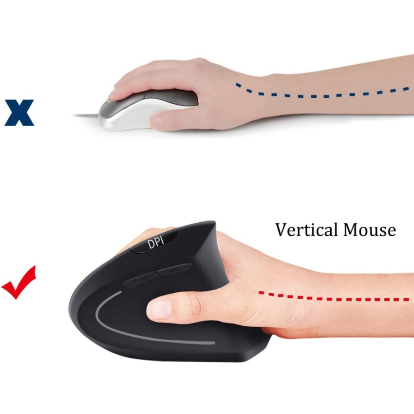 2.4GHz sem fio mouse vertical, 6 botões com luz RGB, 1600 DPI ajustável, para computadores e laptops