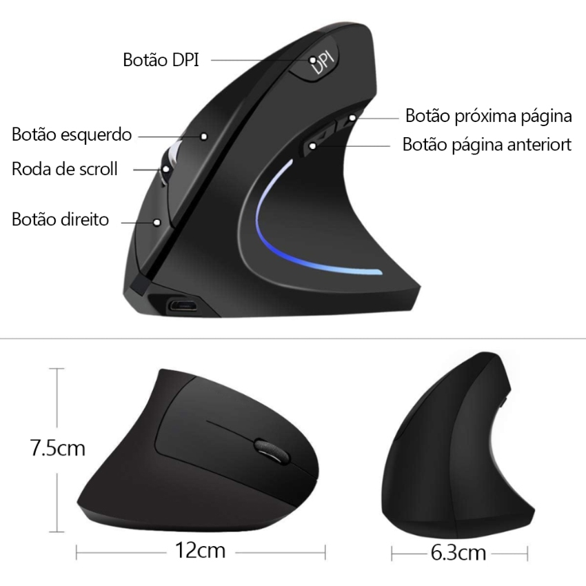 2.4GHz sem fio mouse vertical, 6 botões com luz RGB, 1600 DPI ajustável, para computadores e laptops