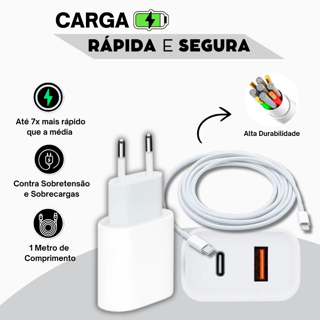 Kit Carregador iPhone Turbo 45W 2 Entradas USB e USB-C + Cabo Ultra Rápido 6 7 8 X XR XS 11 12 13 14