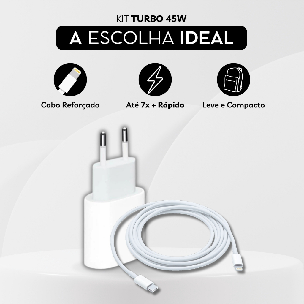 Kit Carregador iPhone Turbo 45W 2 Entradas USB e USB-C + Cabo Ultra Rápido 6 7 8 X XR XS 11 12 13 14