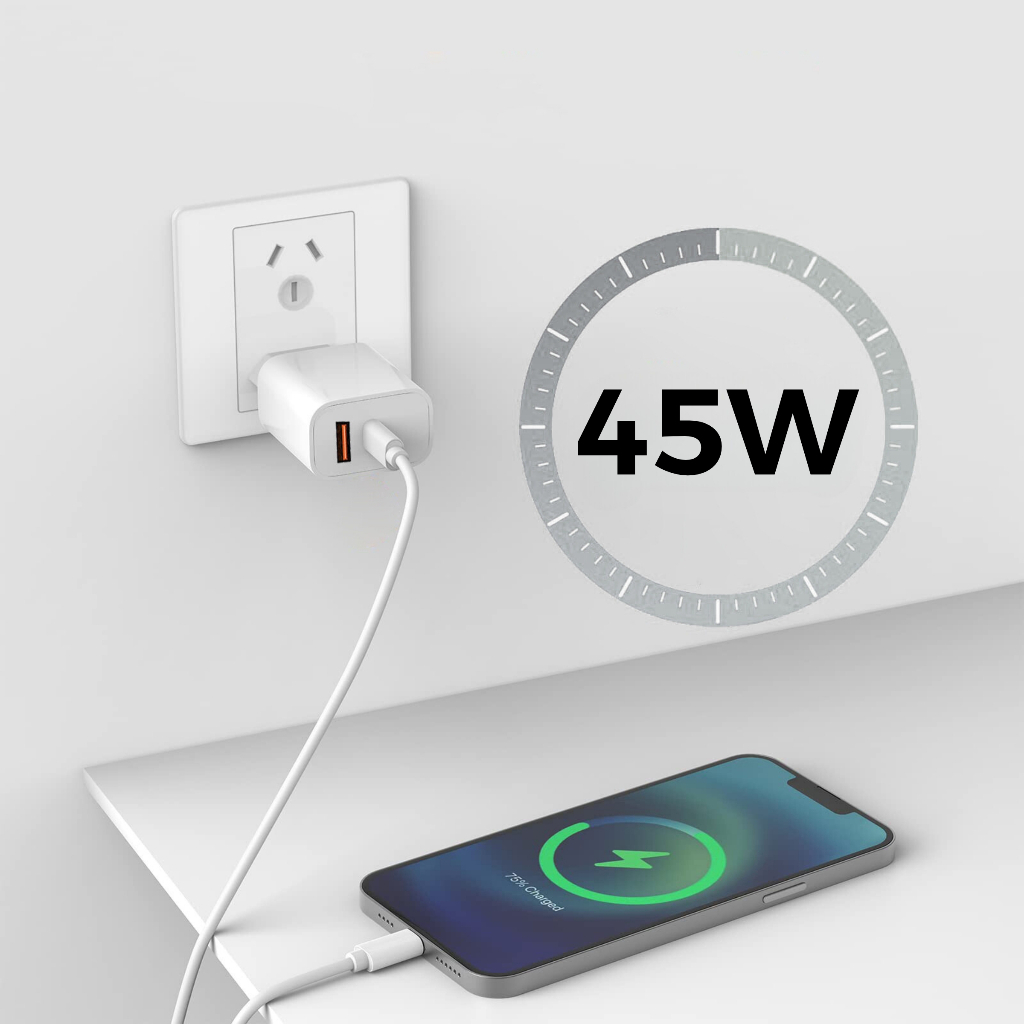 Kit Carregador iPhone Turbo 45W 2 Entradas USB e USB-C + Cabo Ultra Rápido 6 7 8 X XR XS 11 12 13 14