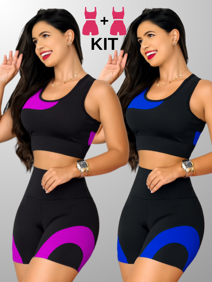 Kit 2 Conjuntos Academia Feminina – Top + Shot Cintura Alta e Modeladora