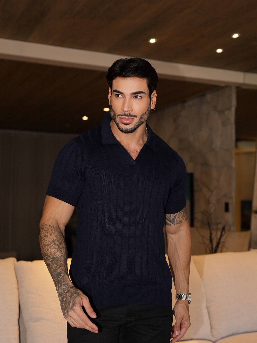 Camisa de tricot gola polo primavera verão masculina alta qualidade