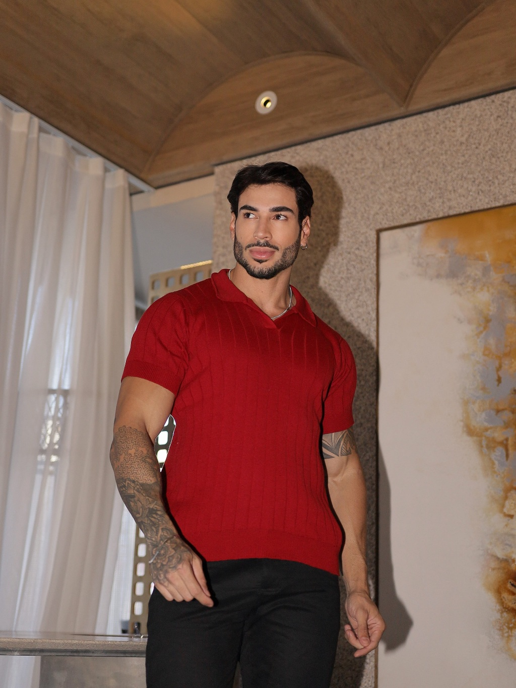 Camisa de tricot gola polo primavera verão masculina alta qualidade