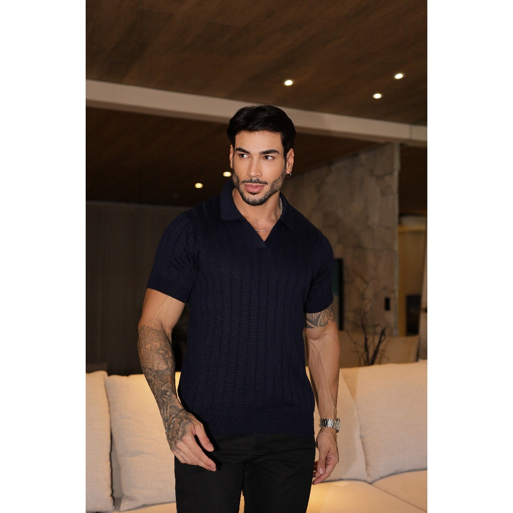 Camisa de tricot gola polo primavera verão masculina alta qualidade