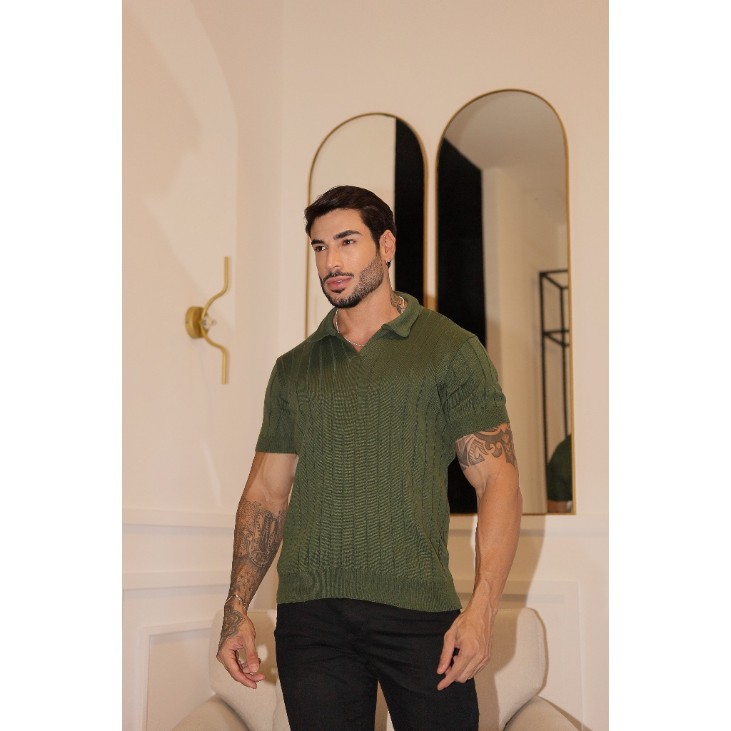 Camisa de tricot gola polo primavera verão masculina alta qualidade