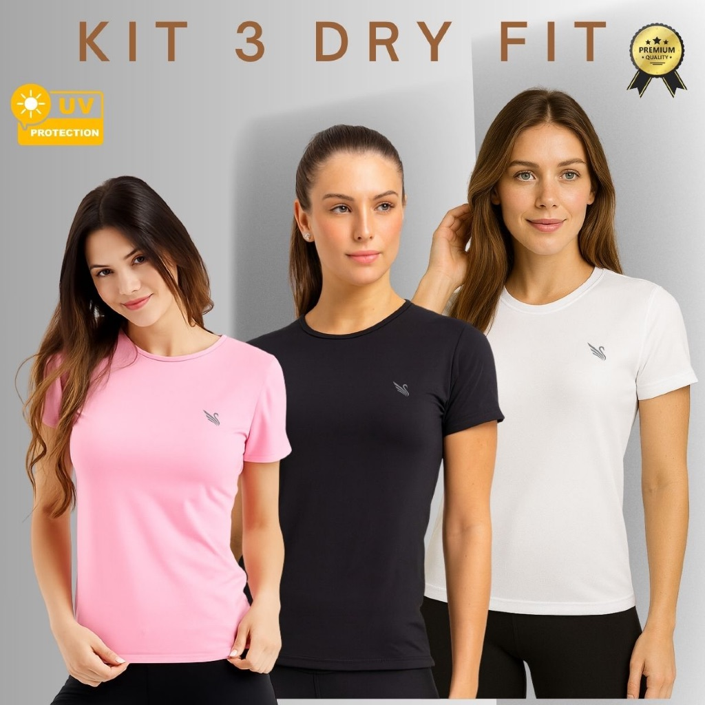 Kit 3 Blusa Feminina Proteção Uv camisas Academia Treino Dry fit P ao G2