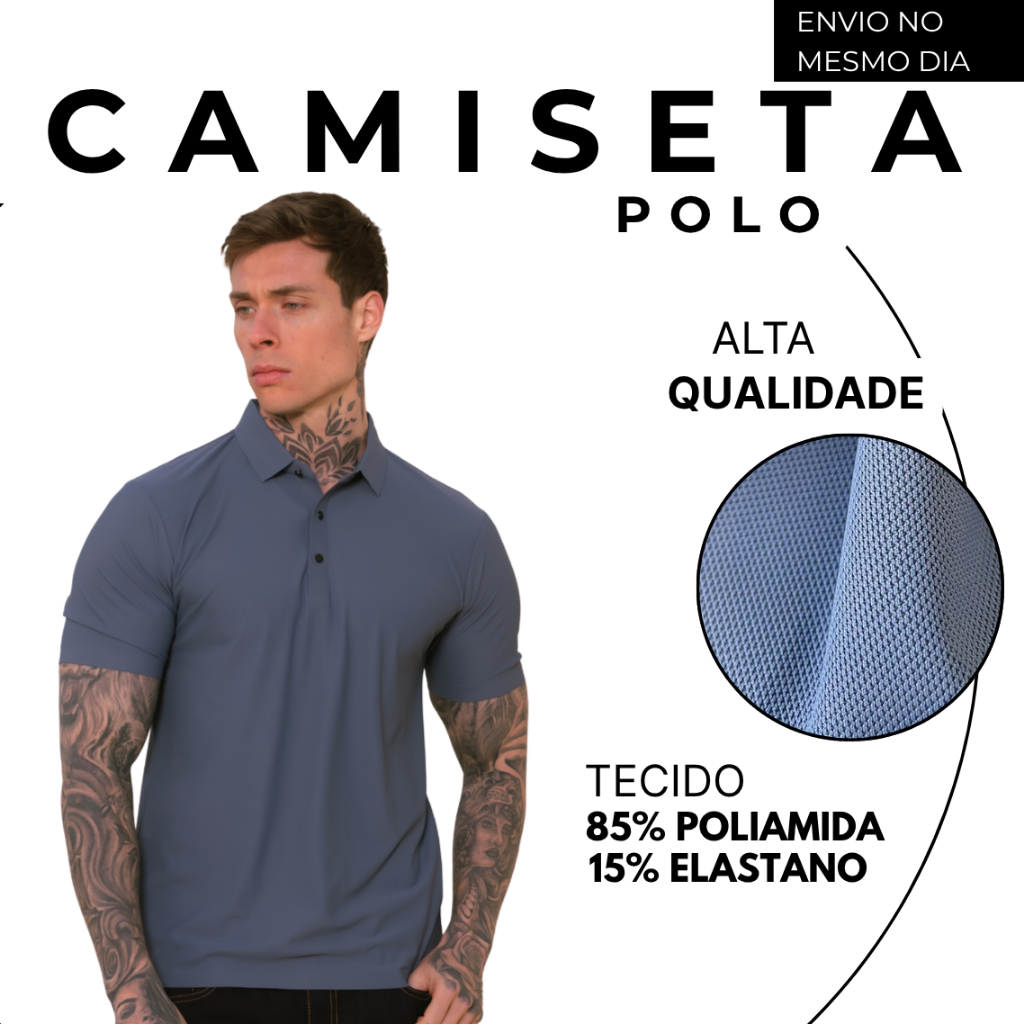 Camisa Polo Poliamida Premium Camiseta Masculina com Gola e Botao Tecido Gelado Elastico Sem Costura