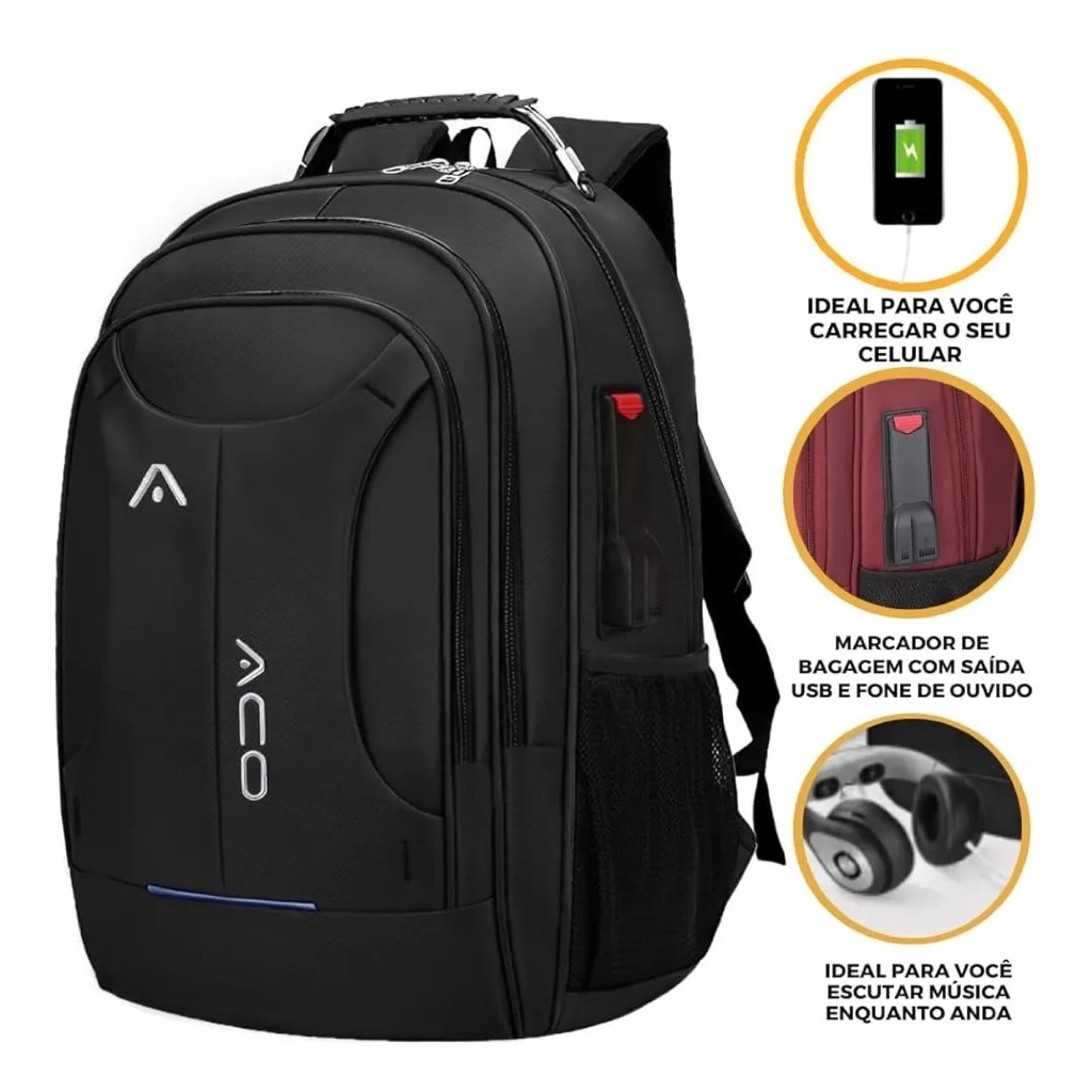 Mochila Masculina Feminina Escolar Faculdade Bolso Antifurto Nas Costas Resistente Cadeado Saída USB