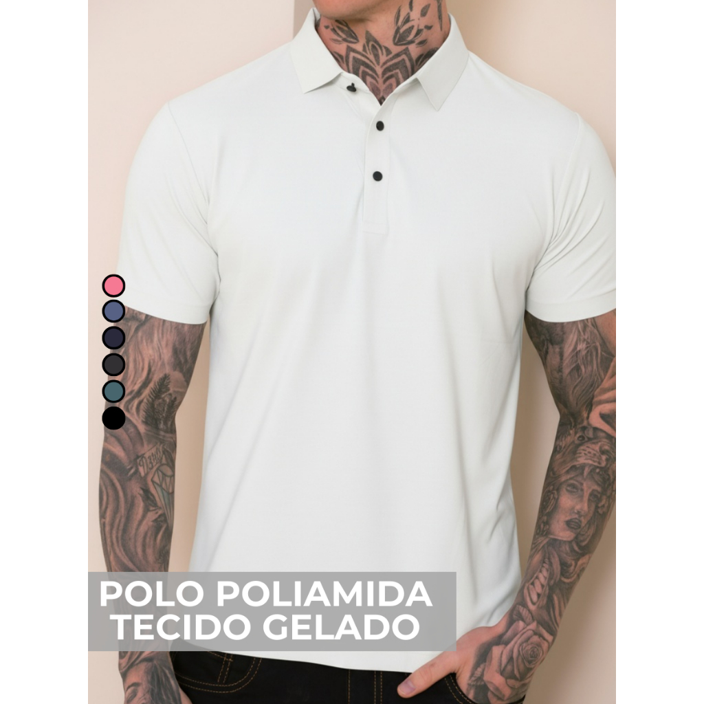 Camisa Polo Poliamida Premium Camiseta Masculina com Gola e Botao Tecido Gelado Elastico Sem Costura