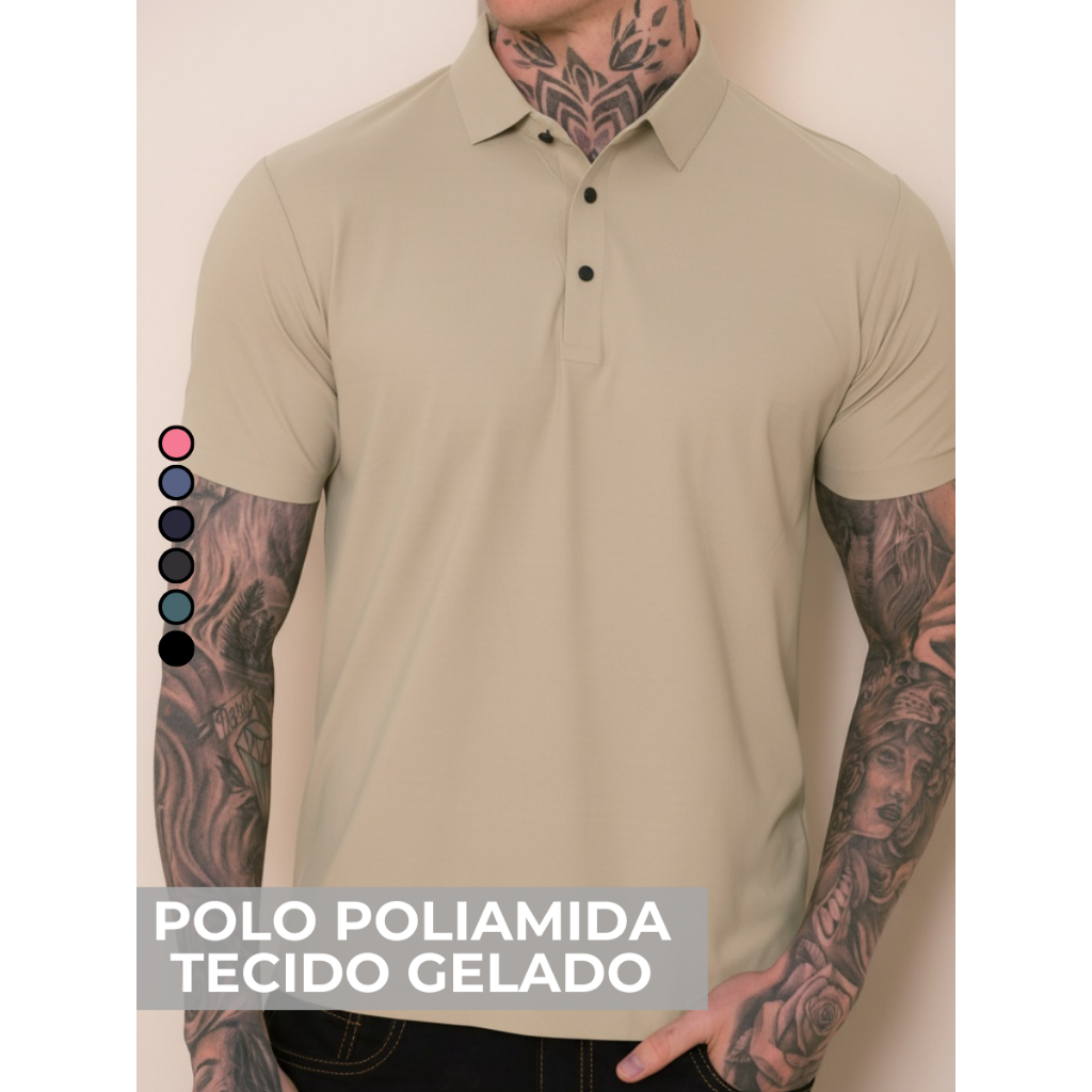 Camisa Polo Poliamida Premium Camiseta Masculina com Gola e Botao Tecido Gelado Elastico Sem Costura