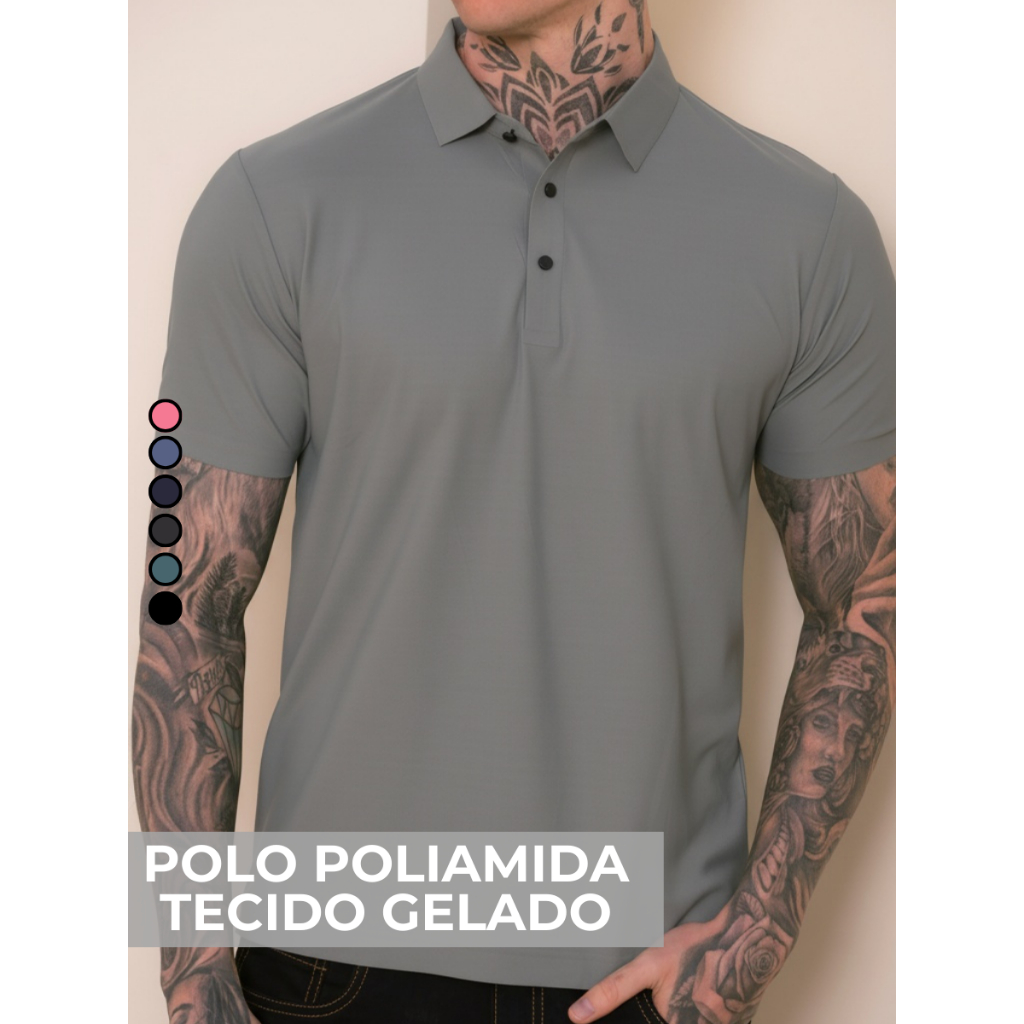 Camisa Polo Poliamida Premium Camiseta Masculina com Gola e Botao Tecido Gelado Elastico Sem Costura