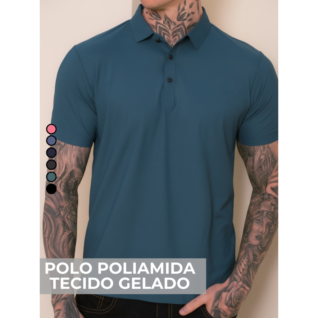 Camisa Polo Poliamida Premium Camiseta Masculina com Gola e Botao Tecido Gelado Elastico Sem Costura
