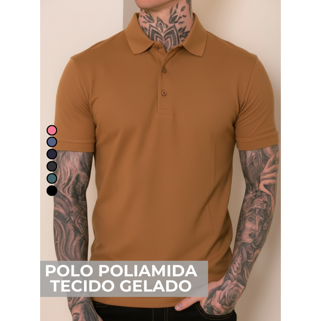Camisa Polo Poliamida Premium Camiseta Masculina com Gola e Botao Tecido Gelado Elastico Sem Costura