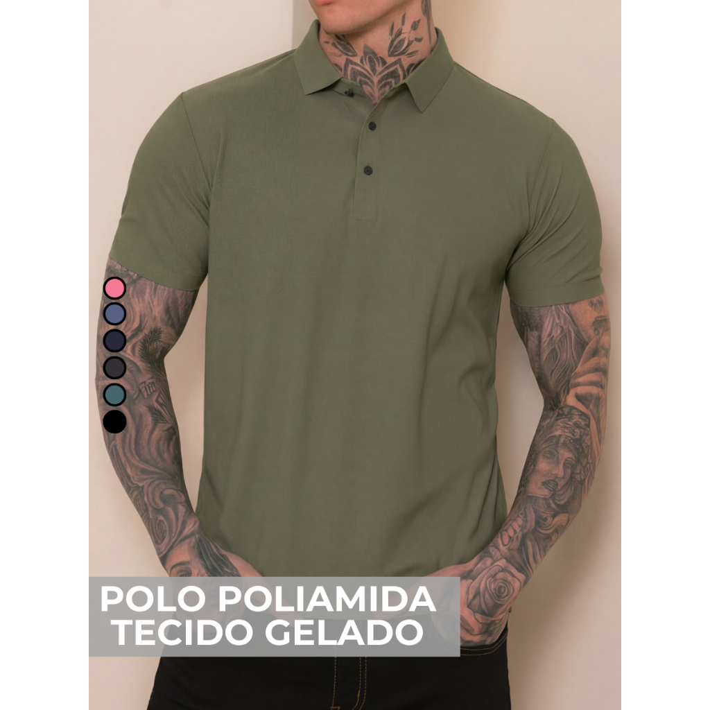 Camisa Polo Poliamida Premium Camiseta Masculina com Gola e Botao Tecido Gelado Elastico Sem Costura