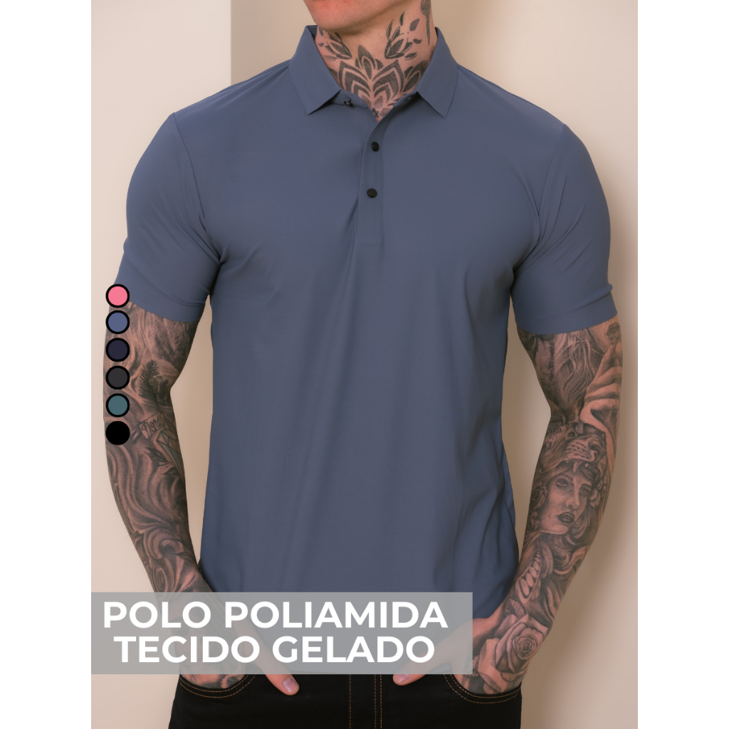 Camisa Polo Poliamida Premium Camiseta Masculina com Gola e Botao Tecido Gelado Elastico Sem Costura
