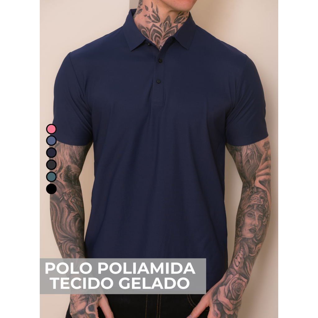 Camisa Polo Poliamida Premium Camiseta Masculina com Gola e Botao Tecido Gelado Elastico Sem Costura