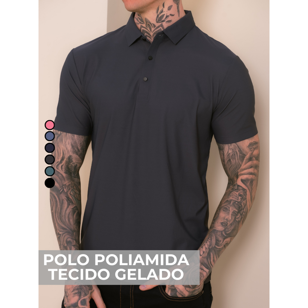 Camisa Polo Poliamida Premium Camiseta Masculina com Gola e Botao Tecido Gelado Elastico Sem Costura