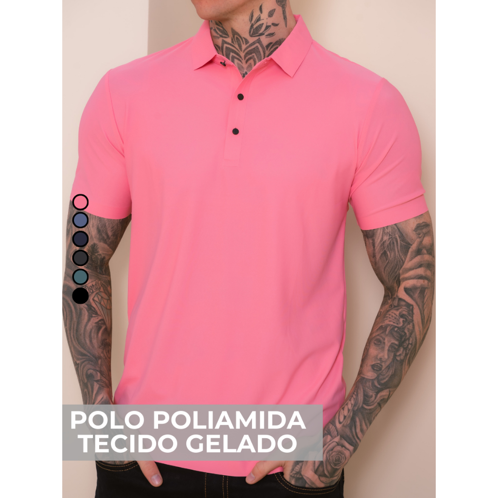 Camisa Polo Poliamida Premium Camiseta Masculina com Gola e Botao Tecido Gelado Elastico Sem Costura