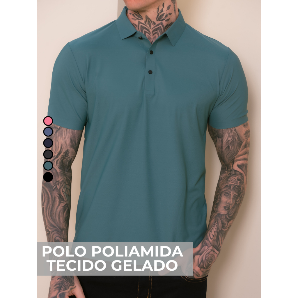 Camisa Polo Poliamida Premium Camiseta Masculina com Gola e Botao Tecido Gelado Elastico Sem Costura