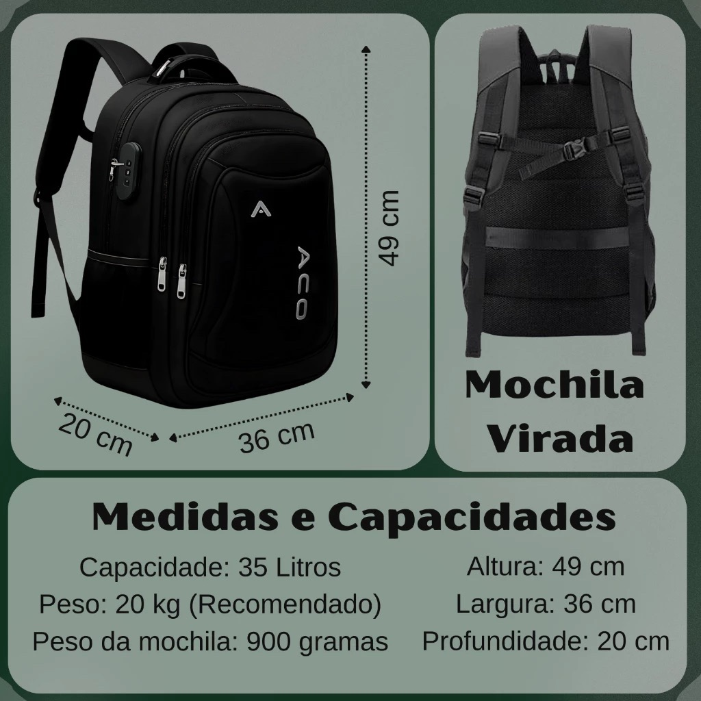 Mochila Masculina Feminina Escolar Faculdade Bolso Antifurto Nas Costas Resistente Cadeado Saída USB