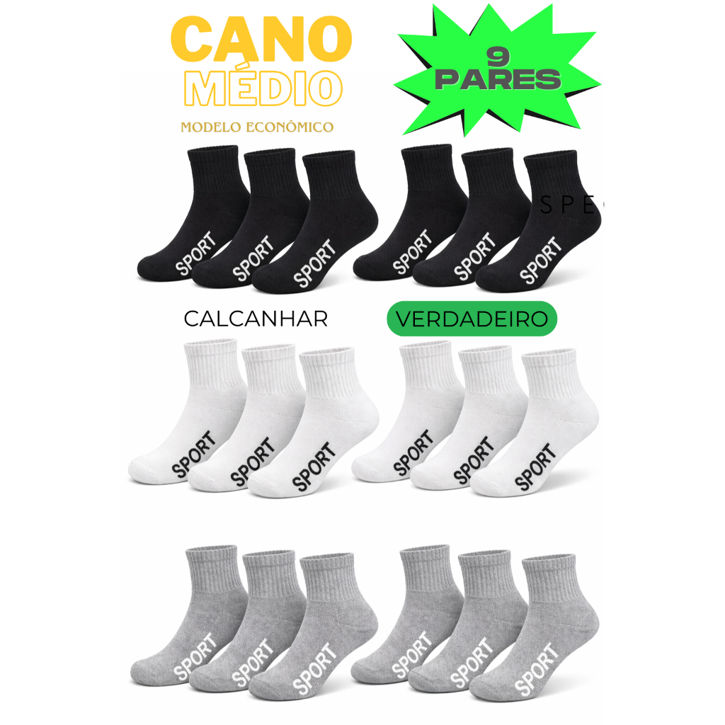 Kit 9 pares MEIA CANO MÉDIO ESPORTE ATOALHADA CALCANHAR VERDADEIRO DIA A DIA Academia trabalho