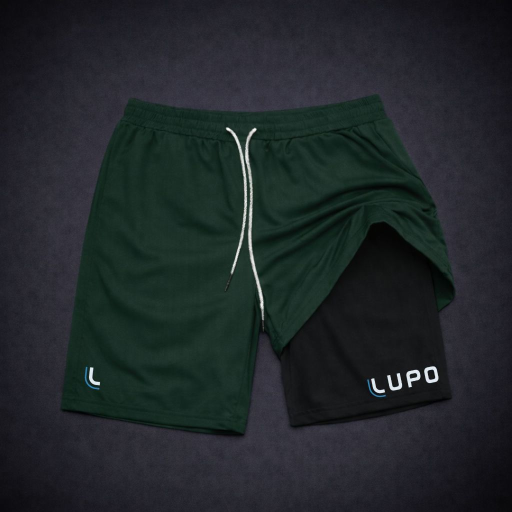 Shorts Masculino LUP0 2 em 1 -DRY Fit com Bolso e Compressão, Ideal para Academia, Corrida, Treino