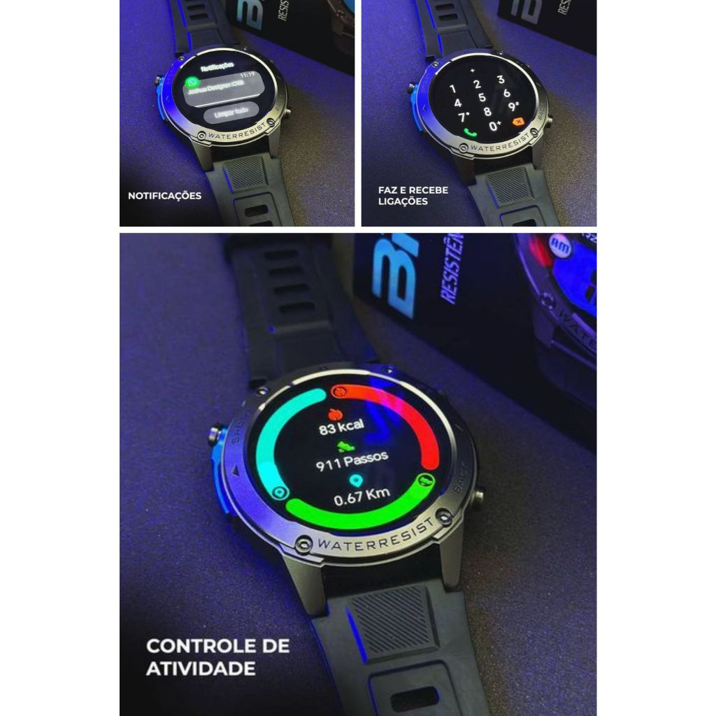 Smartwatch Brave Wearzone | Prova D'água 50m | GPS | Strava | Bateria 10 Dias