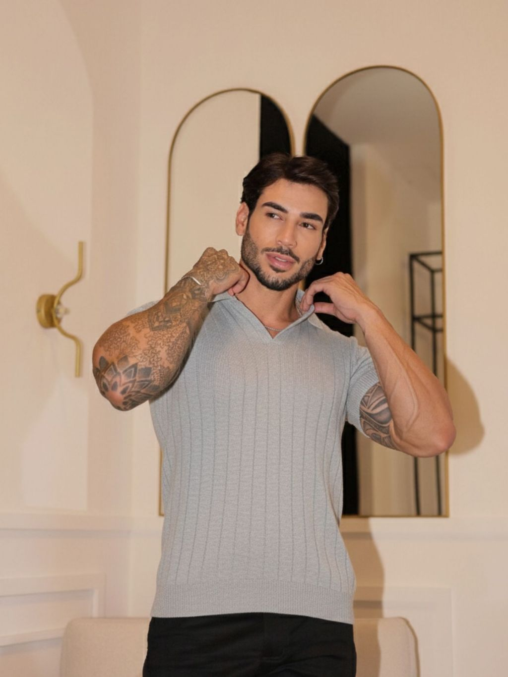 Camisa de tricot gola polo primavera verão masculina alta qualidade